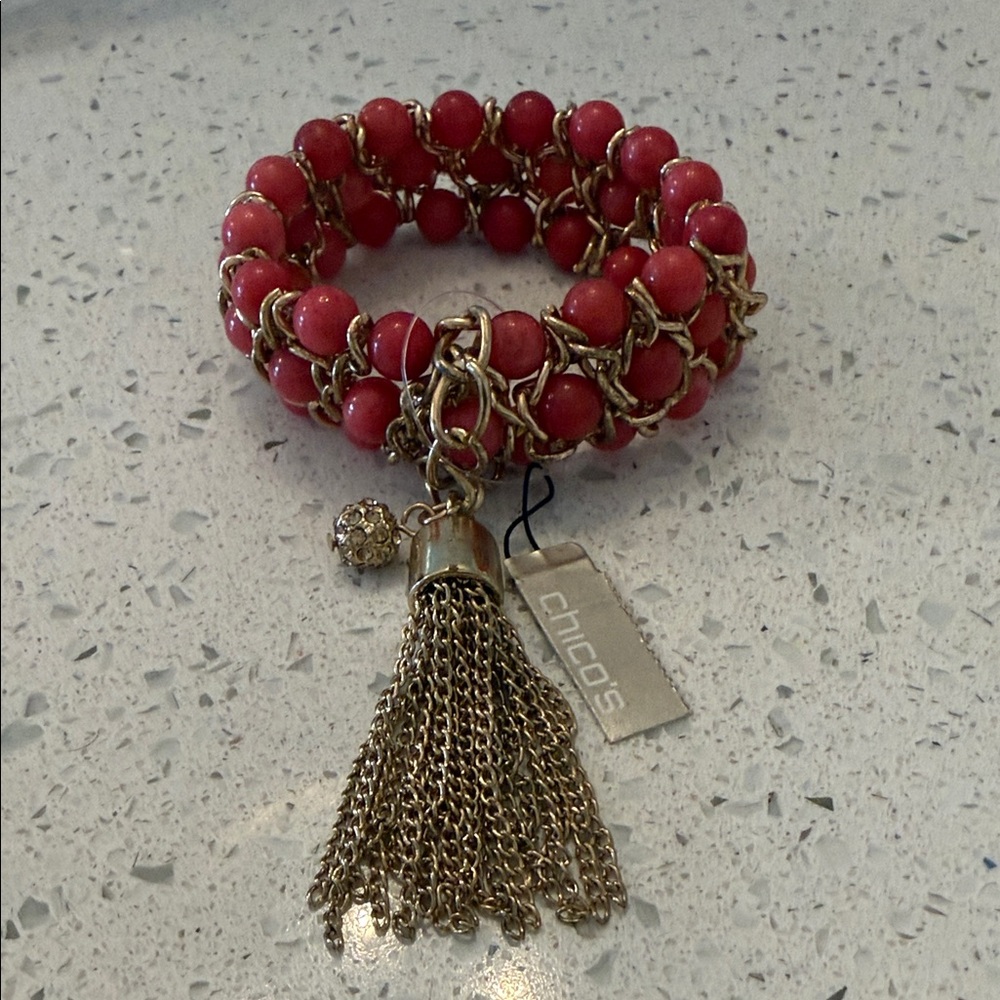 Chico's Pink / Salmon and Gold Beaded Bracelet with Chain Tassel